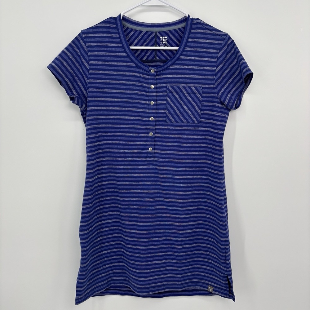 Title Nine Selkie Striped Tunic Dress Blue Purple Women Medium Snaps Zip Pocket
